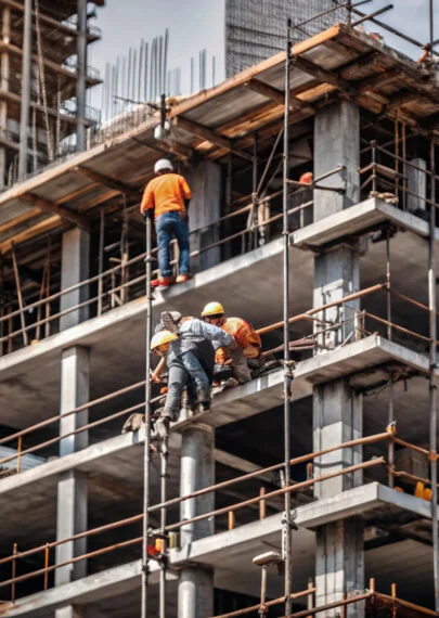 Puntales y soporte temporal bajo losas en una estructura en construcción